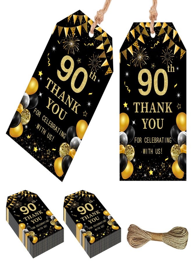 Serencatcher Black and Gold 90th Birthday Thank You Tags - 50pcs Thank You for Celebrating with Us Favor Gift Tags with String 1.9x3.5 Inches for Men Women 90th Birthday Anniversary Party Favors - Image 1